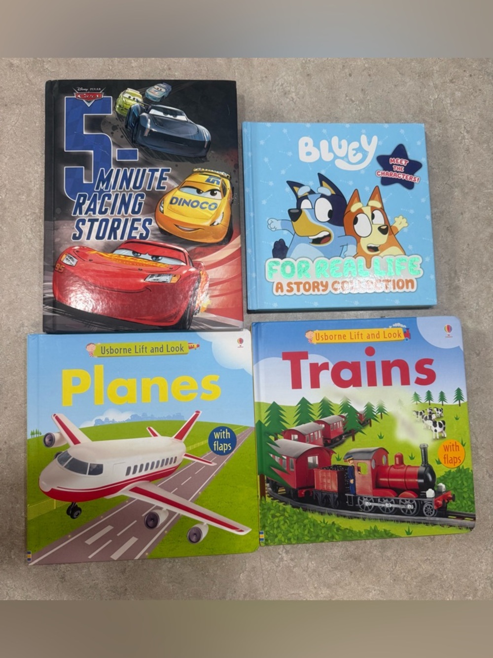 Children’s Books- Disney Cars 5 Minute Stories, Bluey, Usborne planes and trains